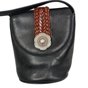 Brighton One World Black Leather Crossbody Bag With Braided Strap Silver Buckle